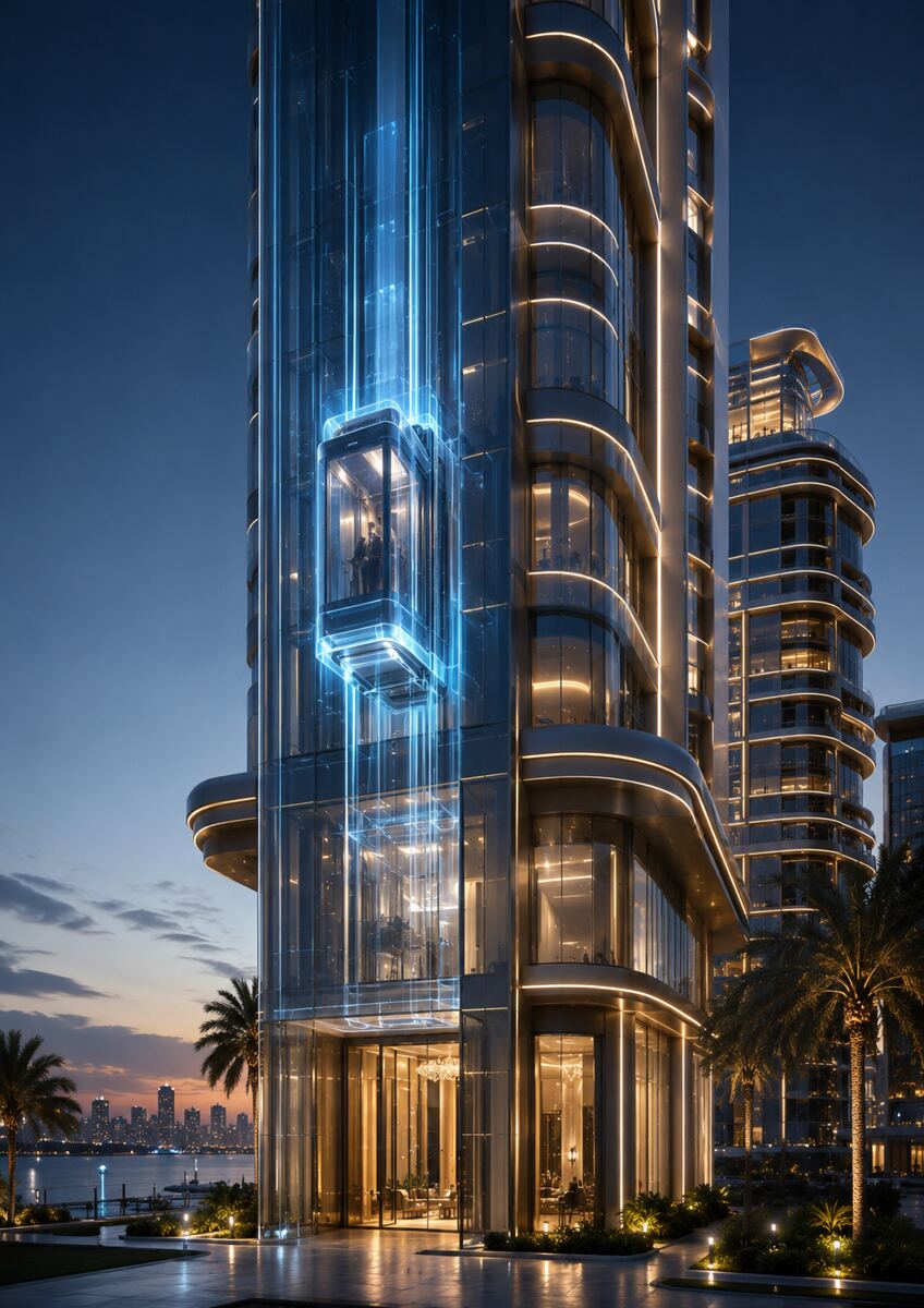High-rise tower architectural render with vertical elevator cores