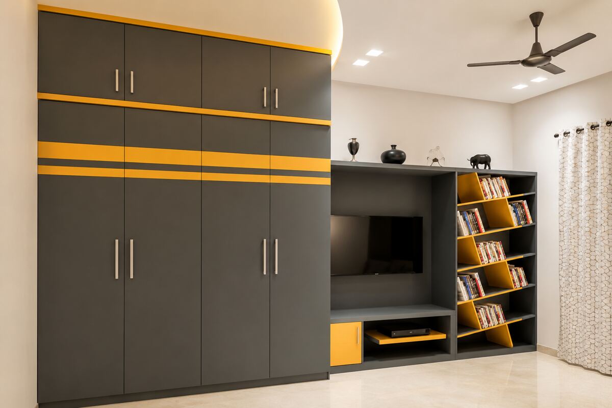 Charcoal modular wardrobe wall with yellow accent stripes