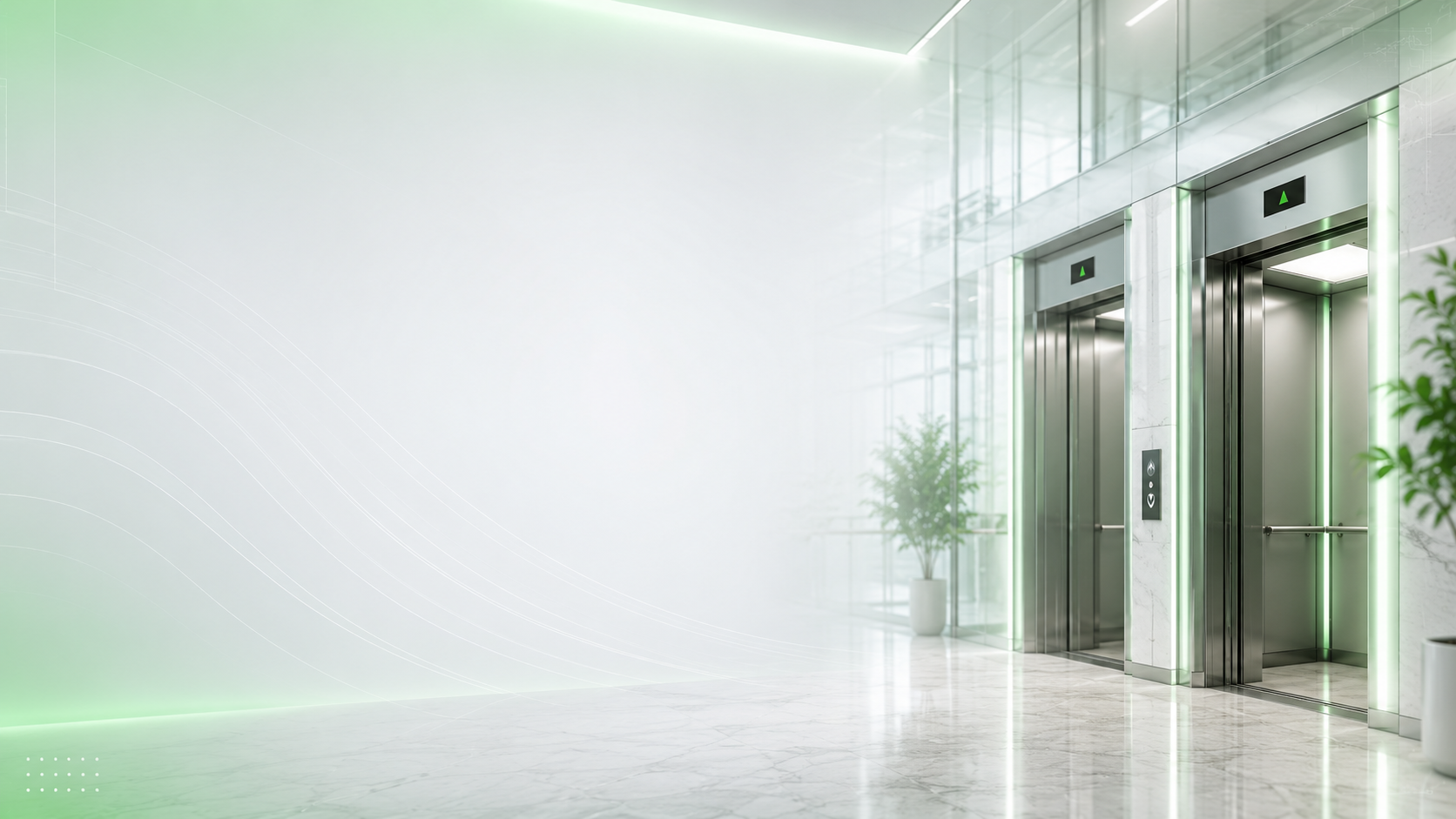 Elevator shaft with symmetric rails and green sconce lights receding upward