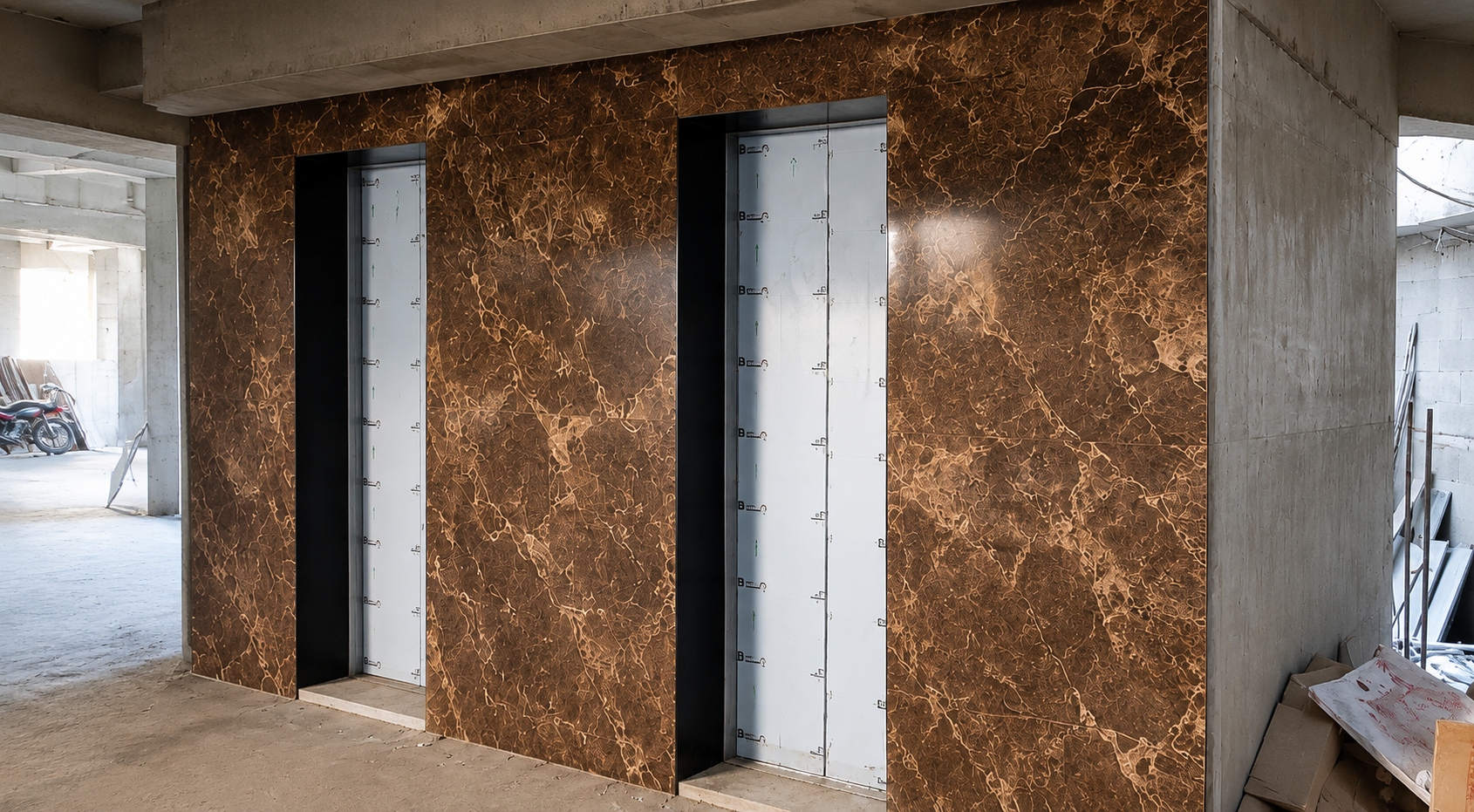 Marble-clad residential elevator lobby with twin openings
