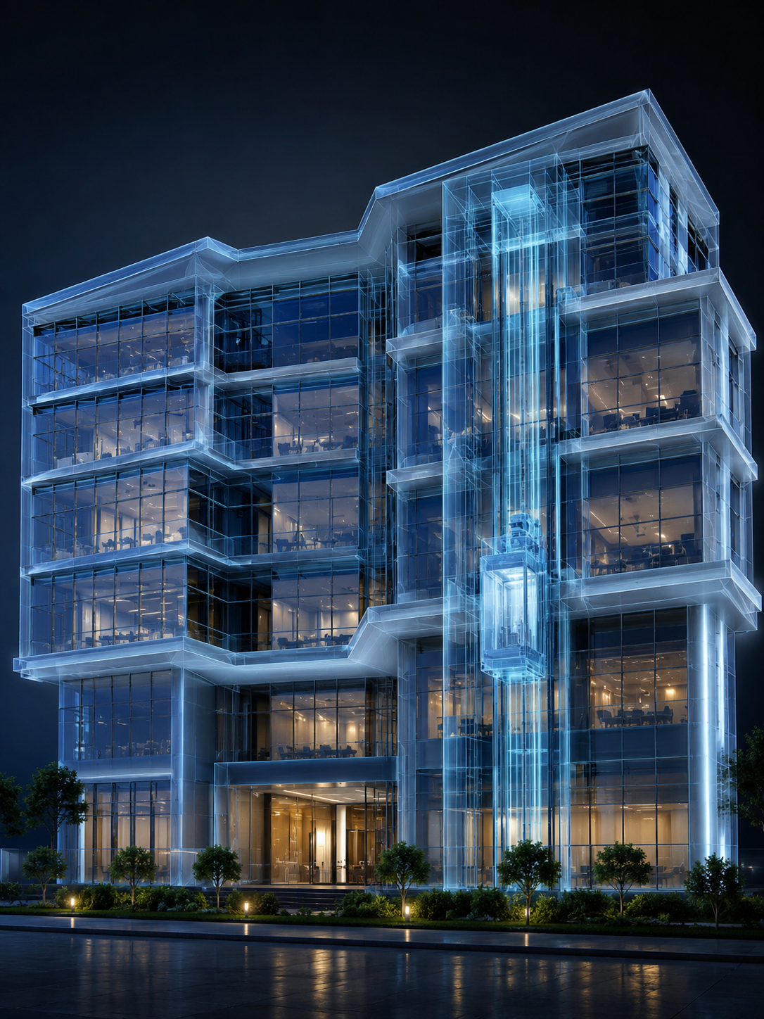 Curved-glass waterfront residential towers at sunset with palm trees