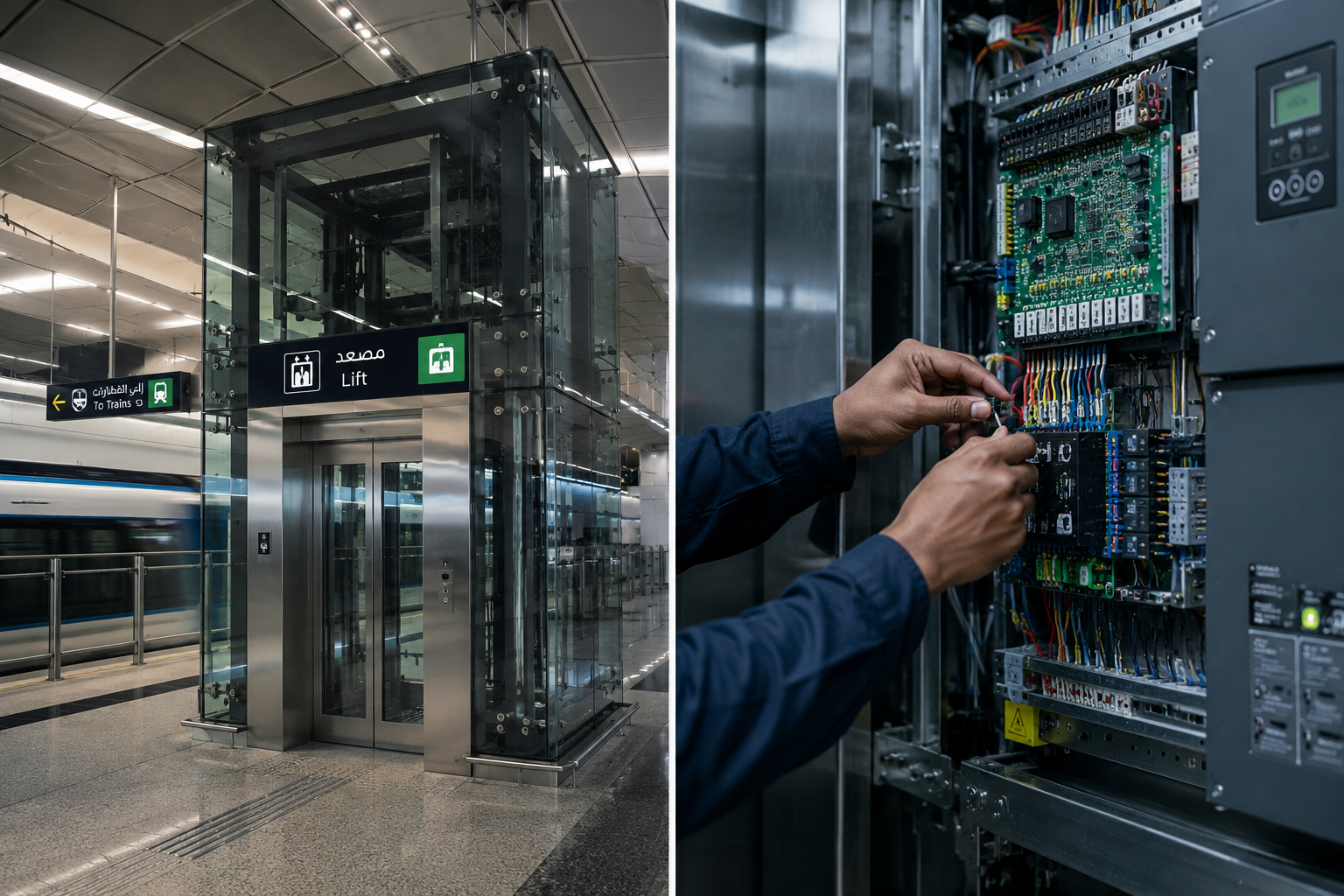Glass passenger elevator inside a public venue concourse