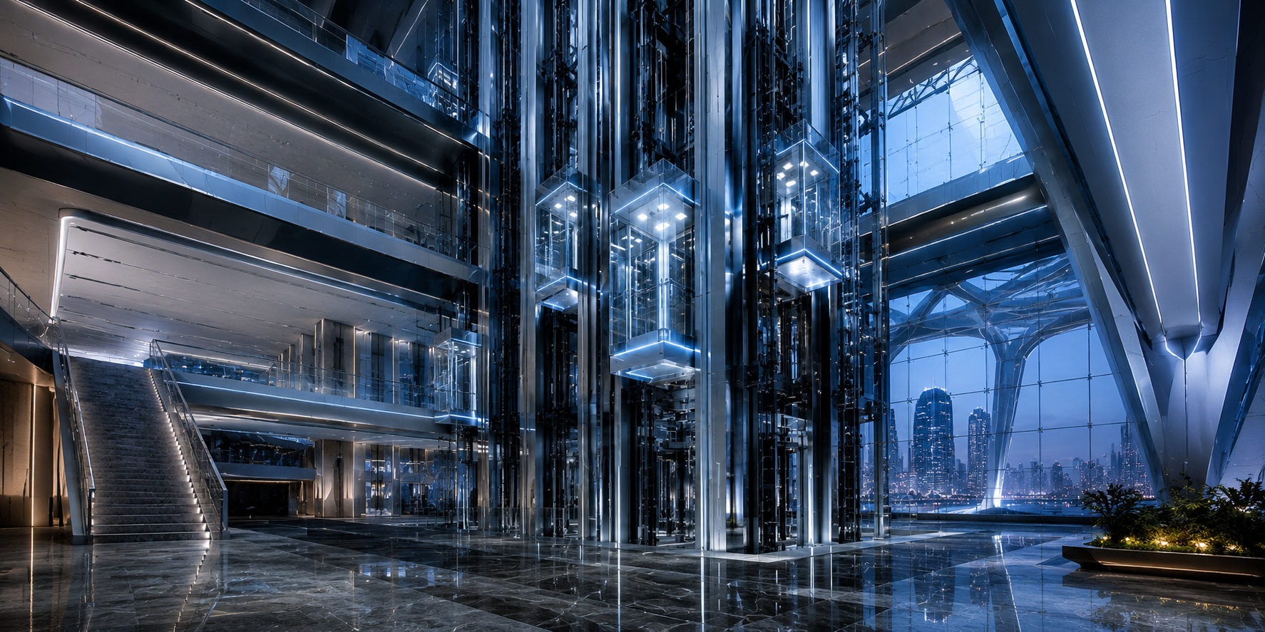 Cluster of glass panoramic lifts against a night skyline