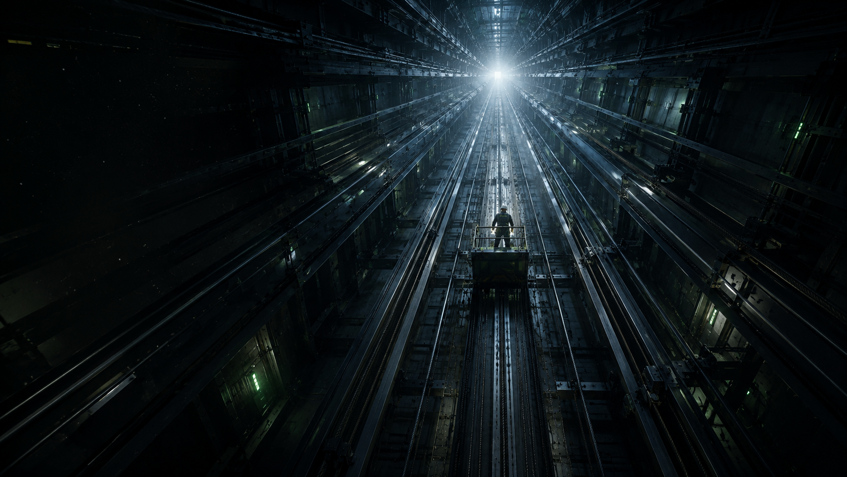 Deep elevator shaft lit from above with a service platform