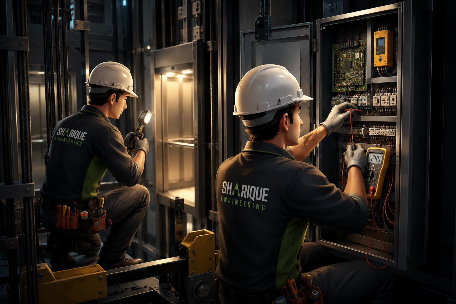 Sharique Engineering technicians commissioning an elevator controller