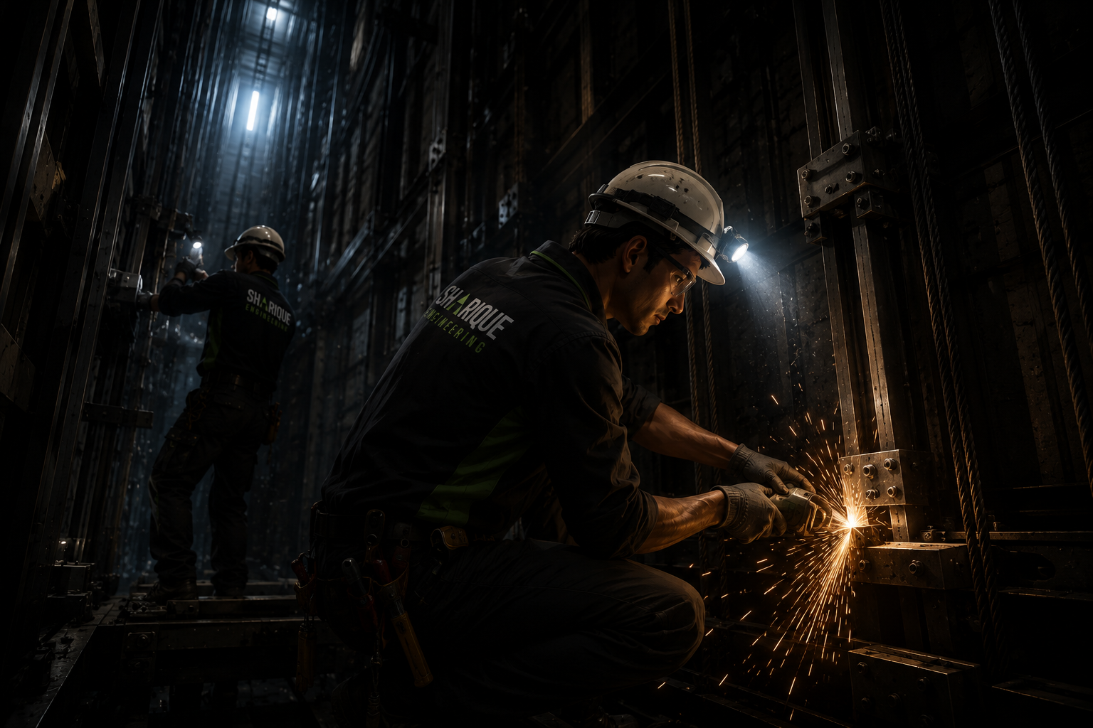Technician welding inside an elevator shaft, sparks against the dark