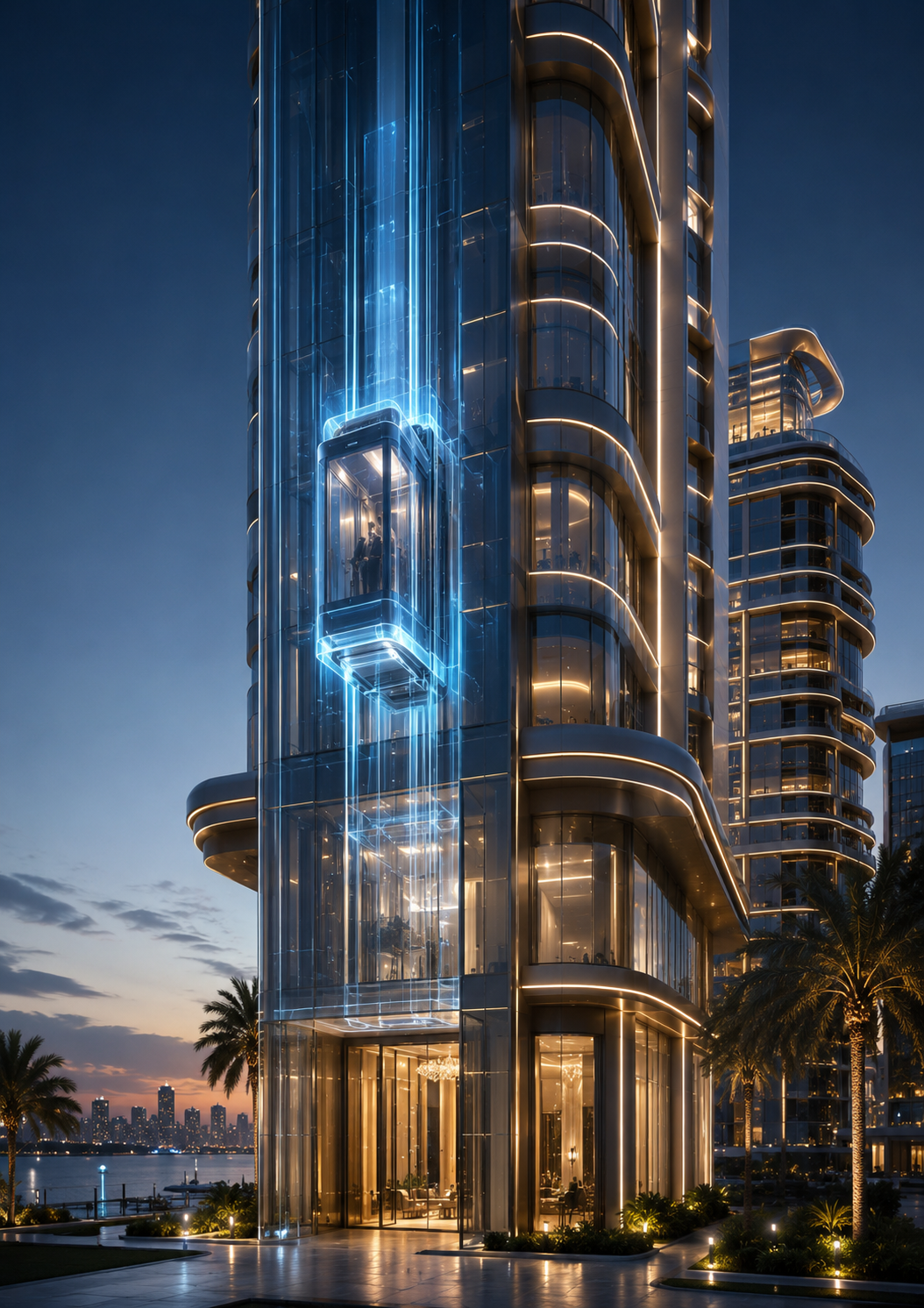 Glass residential tower at dusk with glowing central elevator shaft