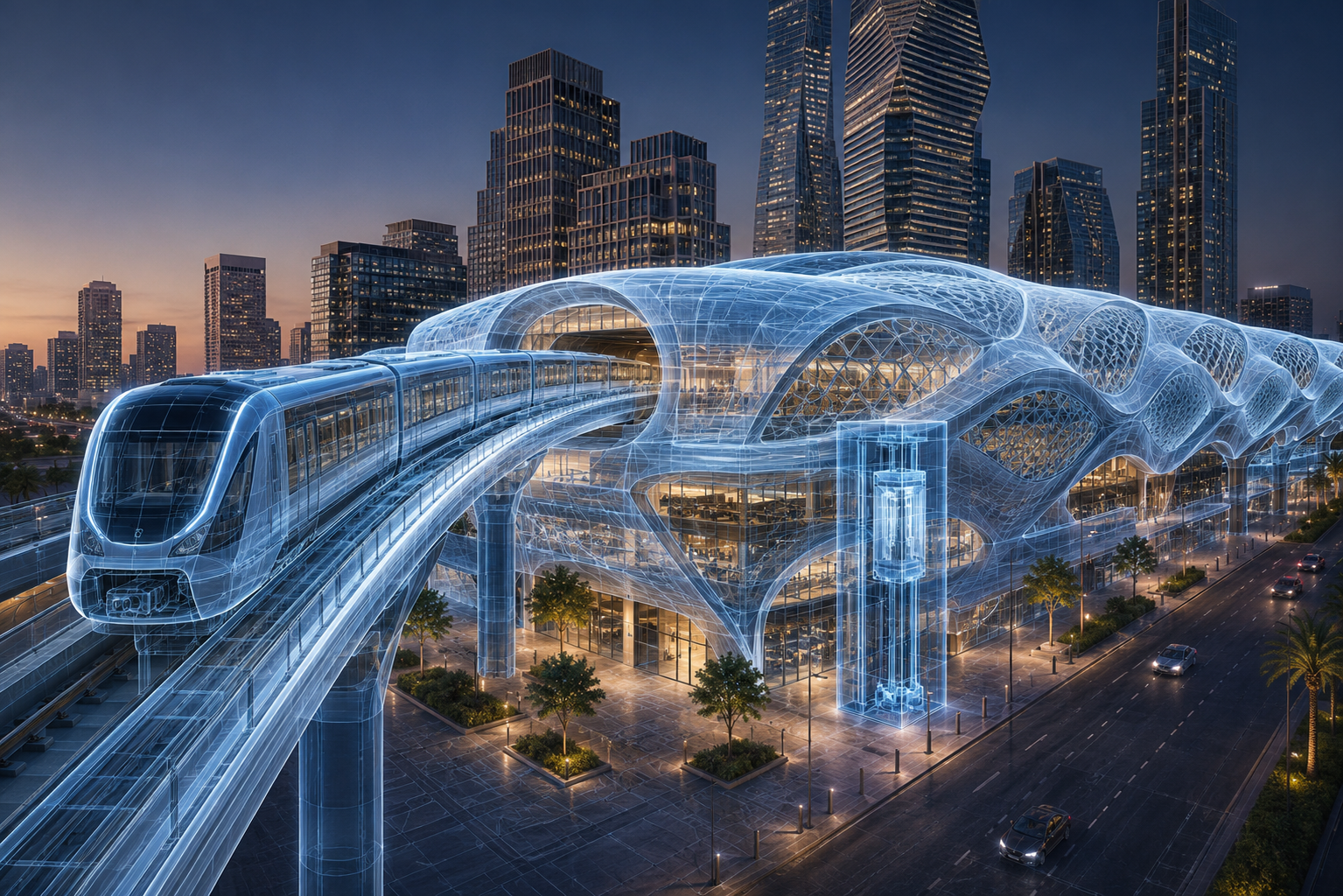 Green wireframe render of a futuristic metro station roof structure
