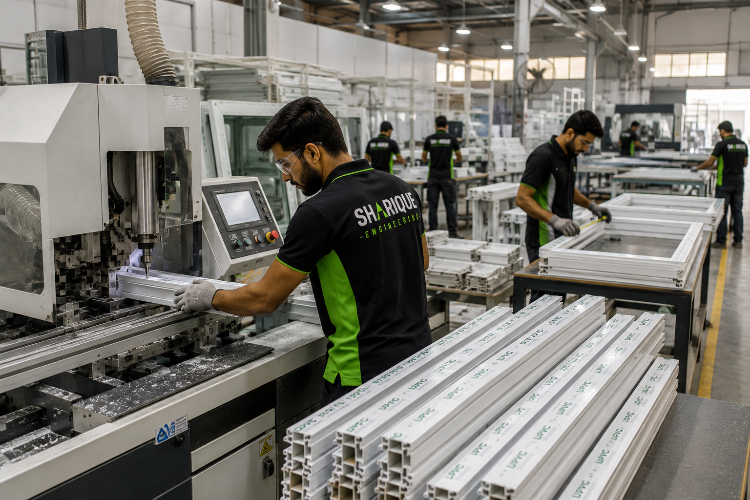 Factory uPVC profile-machining line with automated CNC cutting equipment