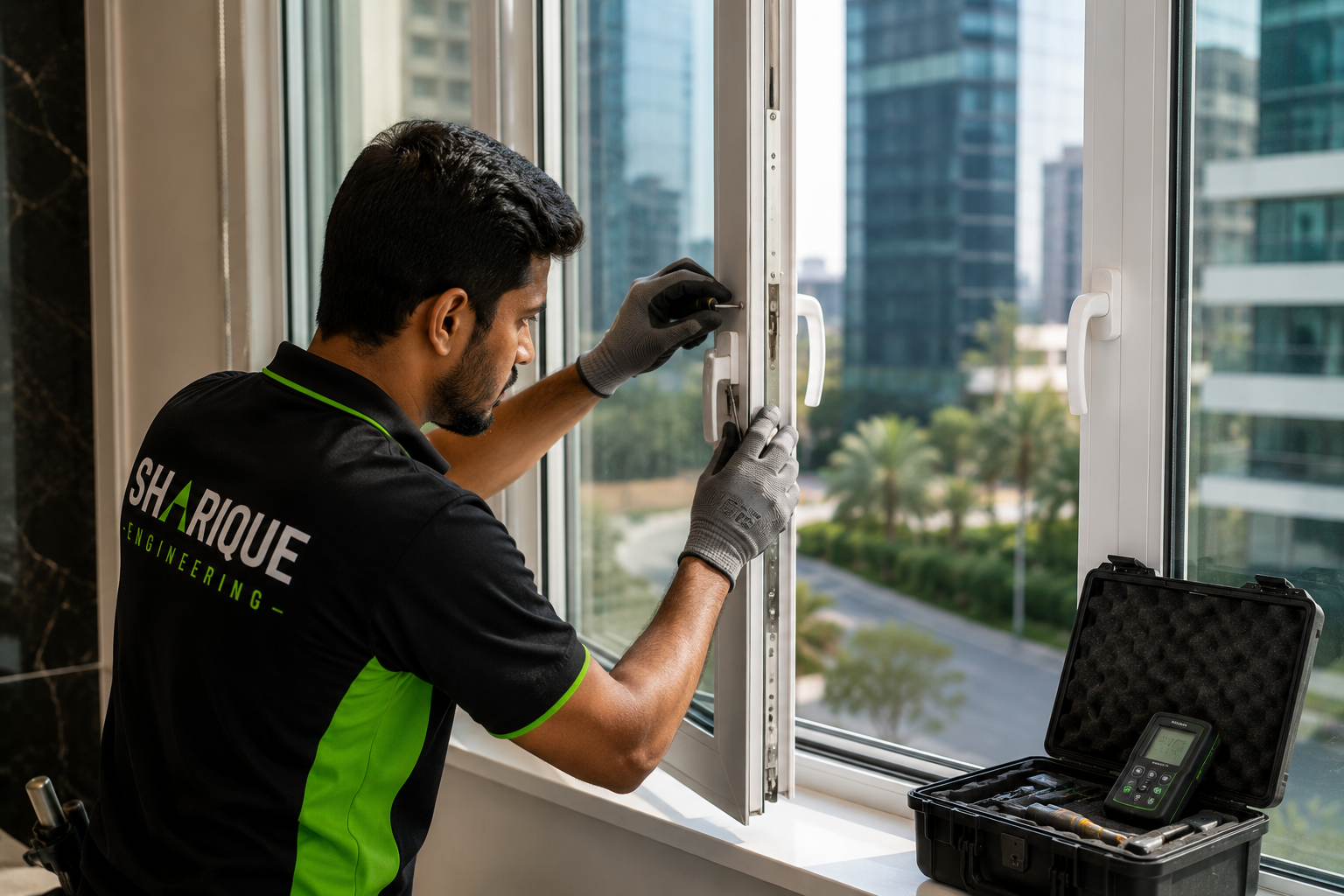 Technician installing a uPVC window on a high-rise with a city skyline behind