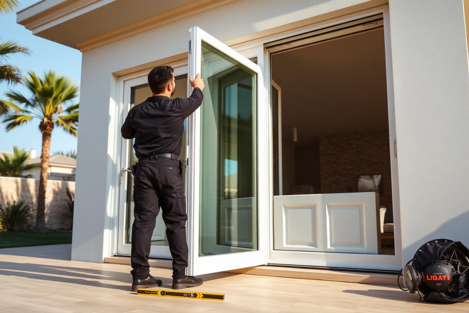 Technician installing a large white uPVC sliding glass door on a modern villa with a laser level on the floor